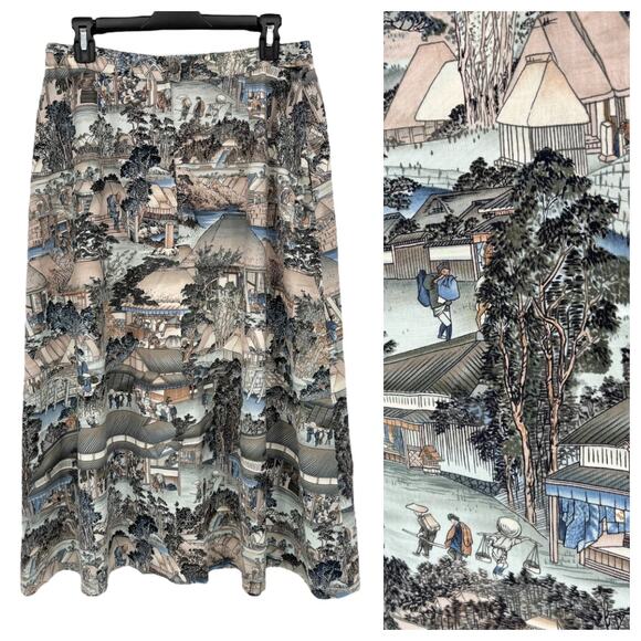 Vintage Dresses & Skirts - Vintage Midi Skirt Size M / 8 Japanese Edo Era Novelty Print Margit Rambo Modest